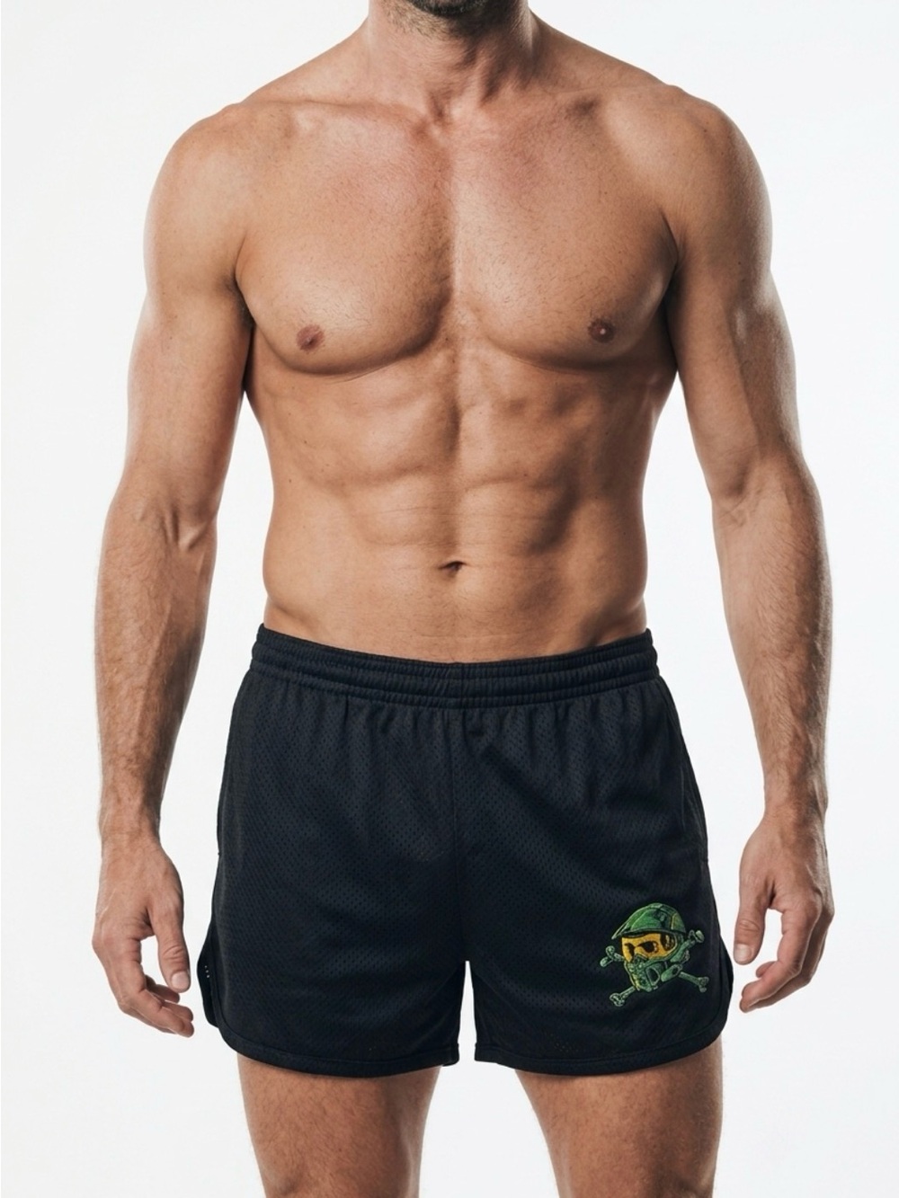 Soffe Black Athletic Mesh Shorts with Green Skull Graphic
